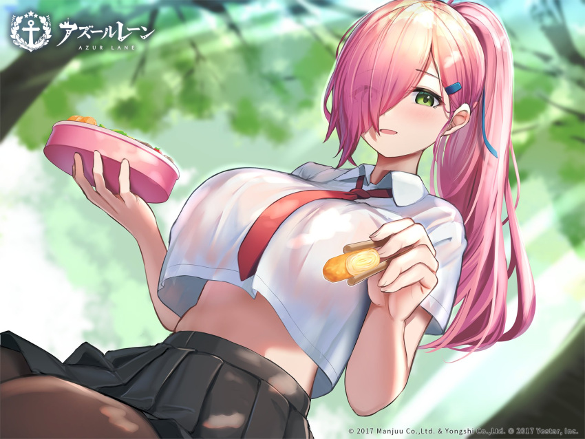 azur_lane bento black_skirt bra_visible_through_clothes breasts brown_pantyhose chopsticks collared_shirt crop_top crop_top_overhang eyes_visible_through_hair female food green_eyes gu_luco hair_ornament hair_over_one_eye hairclip high-waist_skirt highres holding large_breasts long_hair looking_at_viewer lunchbox midriff miniskirt necktie official_alternate_costume official_art omelet open_mouth pantyhose pink_hair pleated_skirt ponytail school_uniform second-party_source see-through shirt short_sleeves skirt smile solo tamagoyaki trieste_(azur_lane) trieste_(rooftop_lunch_break)_(azur_lane) white_shirt