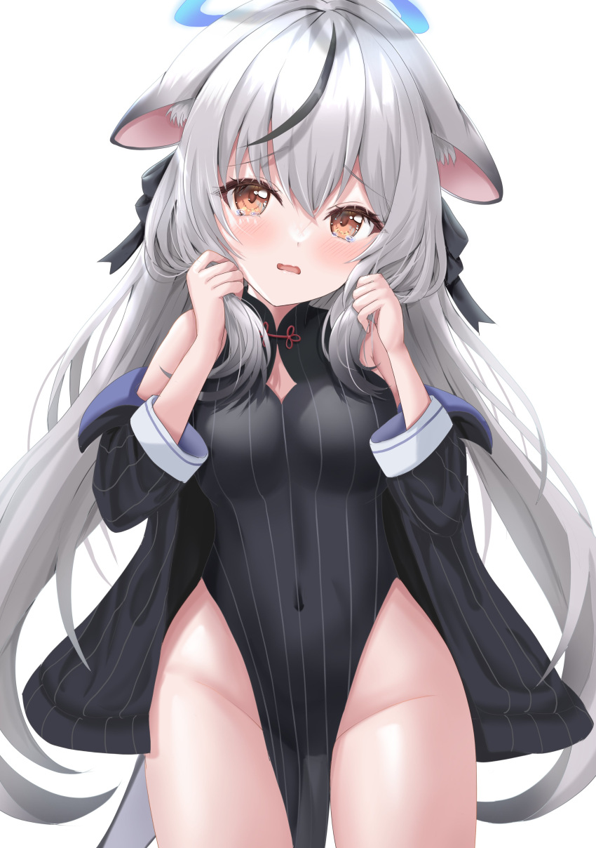 absurdres animal_ear_fluff animal_ears bare_shoulders black_dress black_hair black_ribbon blue_archive blush breasts clothing_cutout covered_navel cowboy_shot diamond_cutout dress female floppy_ears grey_hair groin hair_ribbon halo highres holding holding_own_hair kokona_(blue_archive) long_hair long_sleeves multicolored_hair no_panties off_shoulder open_mouth pelvic_curtain raised_eyebrows ribbon simple_background small_breasts solo streaked_hair striped_clothes striped_dress tearing_up thighs twintails uni_ikura wavy_mouth white_background yellow_eyes