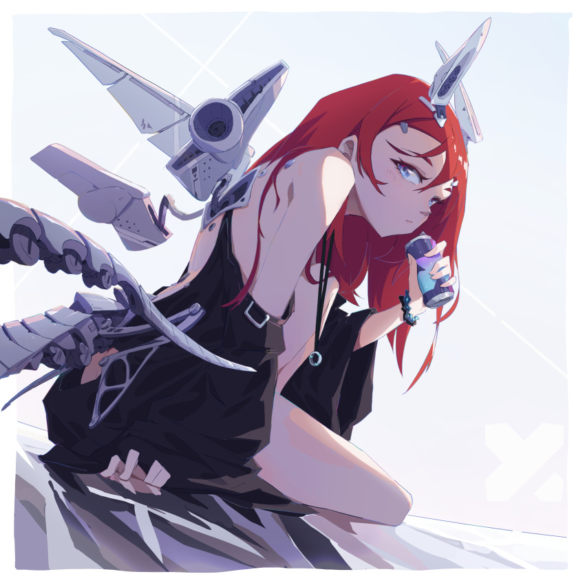 absurdres bare_legs bare_shoulders black_sleeves blue_eyes border bracelet closed_mouth commentary_request fantasy female hair_between_eyes highres holding jewelry knee_up long_hair long_sleeves looking_at_viewer mecha_musume mechanical_ears mechanical_wings off_shoulder original qiaogun_damodao red_hair shadow sitting white_border wide_sleeves wings