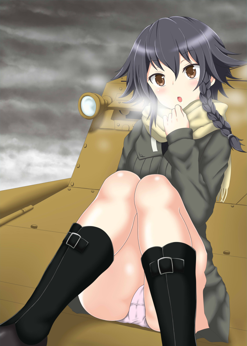 anzio_military_uniform black_hair blush boots braid breasts brown_eyes carro_veloce_cv-33 cloud commentary_request female girls_und_panzer highres military military_vehicle motor_vehicle nendoroya panties pepperoni_(girls_und_panzer) pink_panties scarf short_hair side_braid skirt sky steam tank underwear