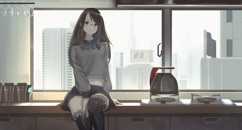 backlighting between_legs black_skirt black_thighhighs breasts brown_eyes brown_hair chinese_commentary cityscape coffee_pot commentary_request english_commentary female glasses grey_serafuku hand_between_legs juusan_kihei_bouei_ken kitchen lace-trimmed_legwear lace_trim long_hair looking_at_viewer midriff mixed-language_commentary navel neckerchief on_counter pale_skin pleated_skirt purple_neckerchief rimless_eyewear school_uniform serafuku skirt small_breasts solo swept_bangs thighhighs vafar7 window yakushiji_megumi