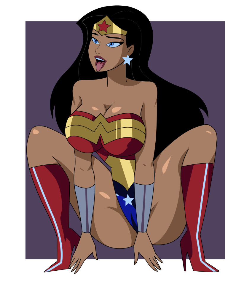 1girls 2d accurate_art_style big_breasts black_hair blue_eyes breasts cameltoe dc_comics dcau diana_prince female female_only femsub ghostlessm justice_league_unlimited panting petplay spread_legs squatting star_earrings tan-skinned_female thick_thighs tongue_out wonder_woman wonder_woman_(series)