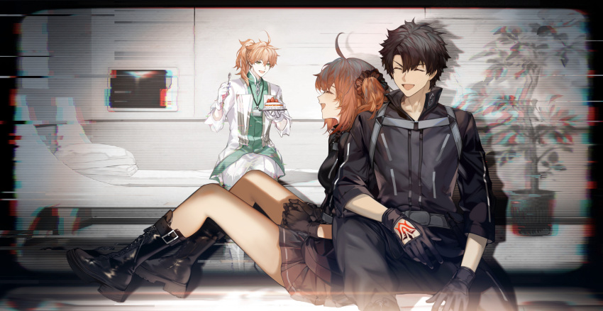 2boys :d ^_^ ahoge arlizi bed bedroom belt_boots black_footwear black_gloves black_hair black_jacket black_pants black_scrunchie black_skirt boots cake chaldea_logo chromatic_aberration closed_eyes coat command_spell fate/grand_order fate_(series) female food fruit fujimaru_ritsuka_(female) fujimaru_ritsuka_(female)_(polar_chaldea_uniform) fujimaru_ritsuka_(male) fujimaru_ritsuka_(male)_(polar_chaldea_uniform) glitch glove_cutout gloves green_coat green_eyes hair_between_eyes hair_ornament hair_over_shoulder hair_scrunchie hands_up highres holding holding_plate holding_spoon indoors jacket lanyard long_hair multicolored_coat multiple_boys on_bed one_side_up open_mouth orange_hair pants pillow plant plate pleated_skirt ponytail popped_collar potted_plant revision romani_archaman scrunchie short_hair sitting skirt sleeves_past_elbows smile spoon strawberry two-tone_coat white_coat white_gloves white_pants