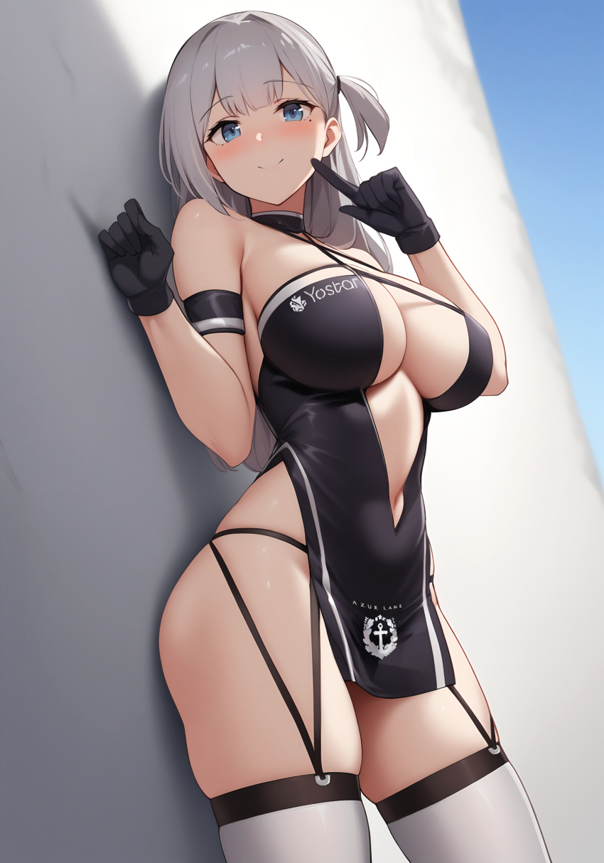 absurdres ai-assisted azur_lane bare_shoulders belly black_gloves blue_eyes breasts breasts_apart cleavage_cutout clothing_cutout crane_enthusiast criss-cross_halter female gloves halterneck highres large_breasts looking_at_viewer mole mole_under_eye naughty_face pelvic_curtain race_queen shiny_skin shoukaku_(azur_lane) shoukaku_(sororal_wings)_(azur_lane) skindentation smile thighhighs white_hair white_thighhighs