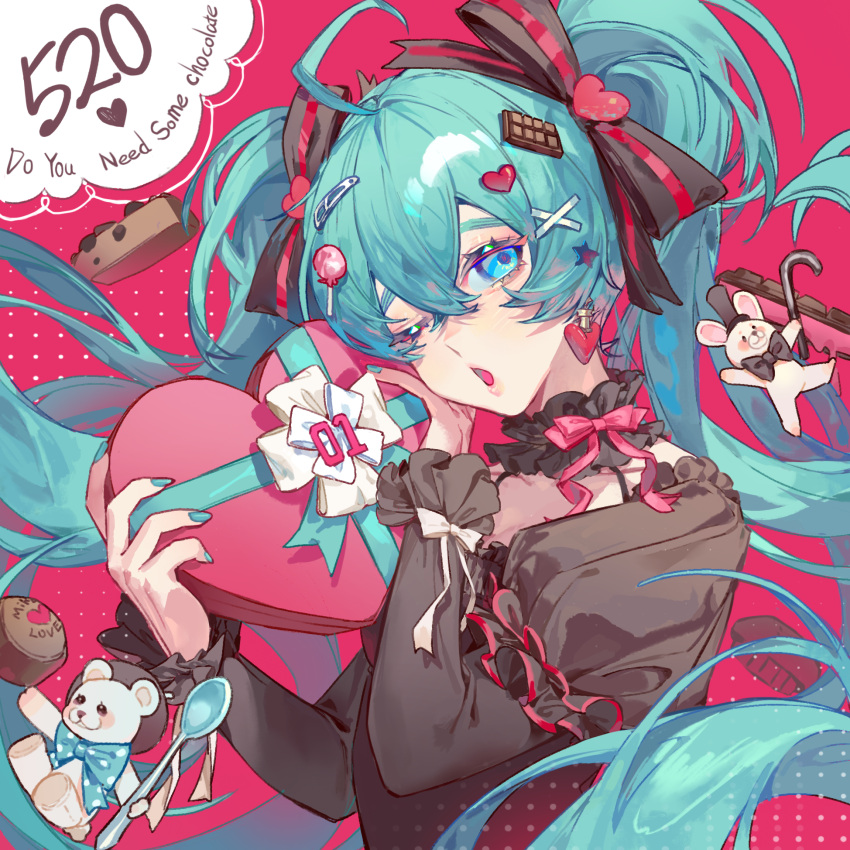 ahoge aqua_hair aqua_nails black_choker black_shirt blue_eyes bow bowtie box breasts cane chocolate chocolate_hair_ornament choker cleavage collarbone commentary_request crossed_bangs earrings english_text female food food-themed_hair_ornament frilled_choker frilled_sleeves frills gift gift_box hair_between_eyes hair_ornament hair_ribbon hairpin hatsune_miku heart heart-shaped_box heart_earrings heart_hair_ornament highres holding holding_cane holding_gift holding_heart holding_spoon jewelry juliet_sleeves kako_(pixiv77158173) lollipop_hair_ornament long_hair long_sleeves looking_at_viewer multiple_hairpins one_eye_closed open_mouth pink_ribbon polka_dot polka_dot_bow polka_dot_bowtie puffy_sleeves ribbon shirt solo spoon star_(symbol) star_hair_ornament striped_ribbon twintails upper_body very_long_hair vocaloid white_ribbon x_hair_ornament