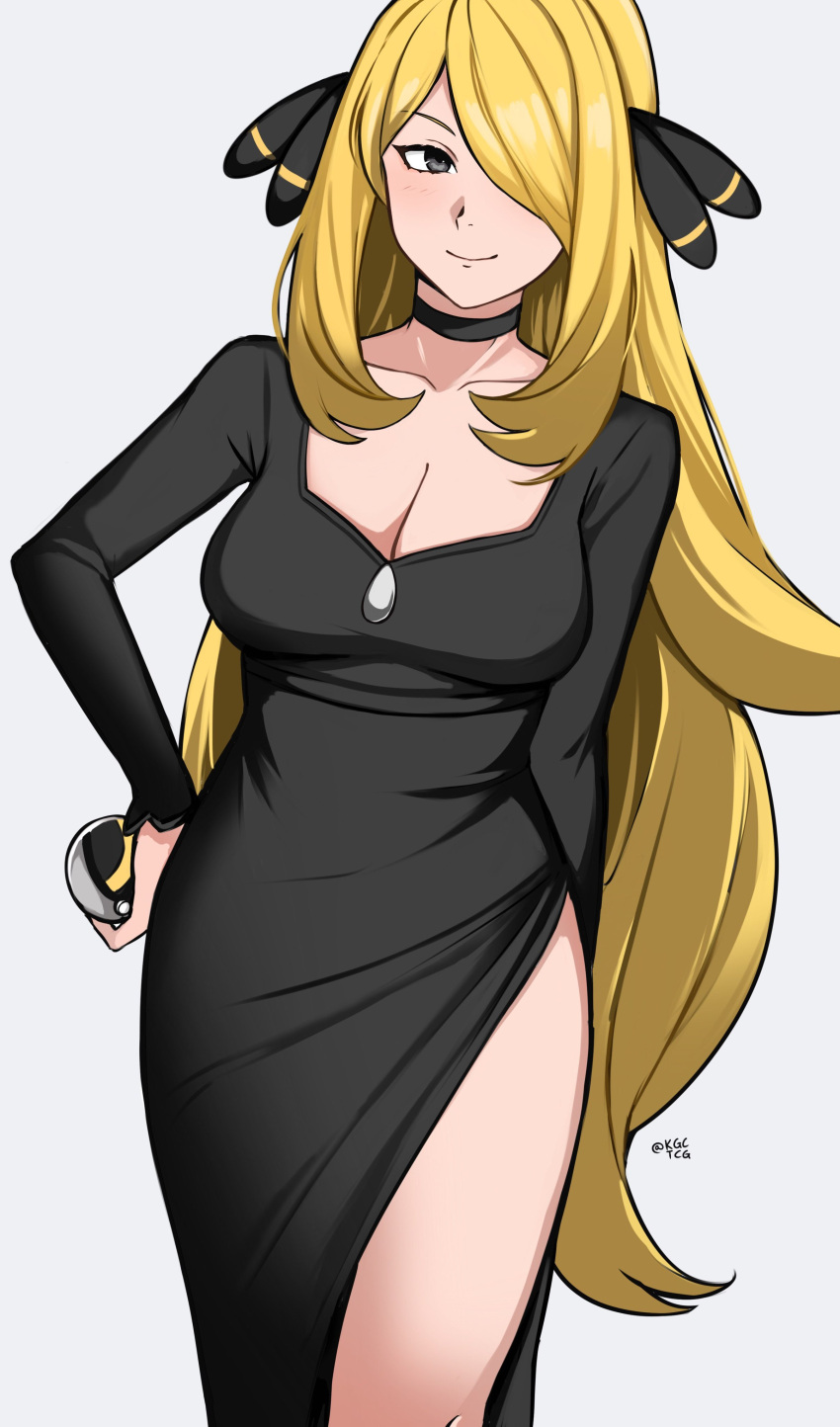 absurdres alternate_costume black_choker black_dress blonde_hair breasts choker cleavage closed_mouth collarbone commentary cynthia_(pokemon) dress english_commentary female formal_clothes grey_background grey_eyes hair_ornament hair_over_one_eye hand_on_own_hip highres holding holding_poke_ball kgctcg large_breasts long_hair long_sleeves looking_at_viewer one_eye_covered poke_ball pokemon pokemon_dppt simple_background smile solo twitter_username ultra_ball very_long_hair