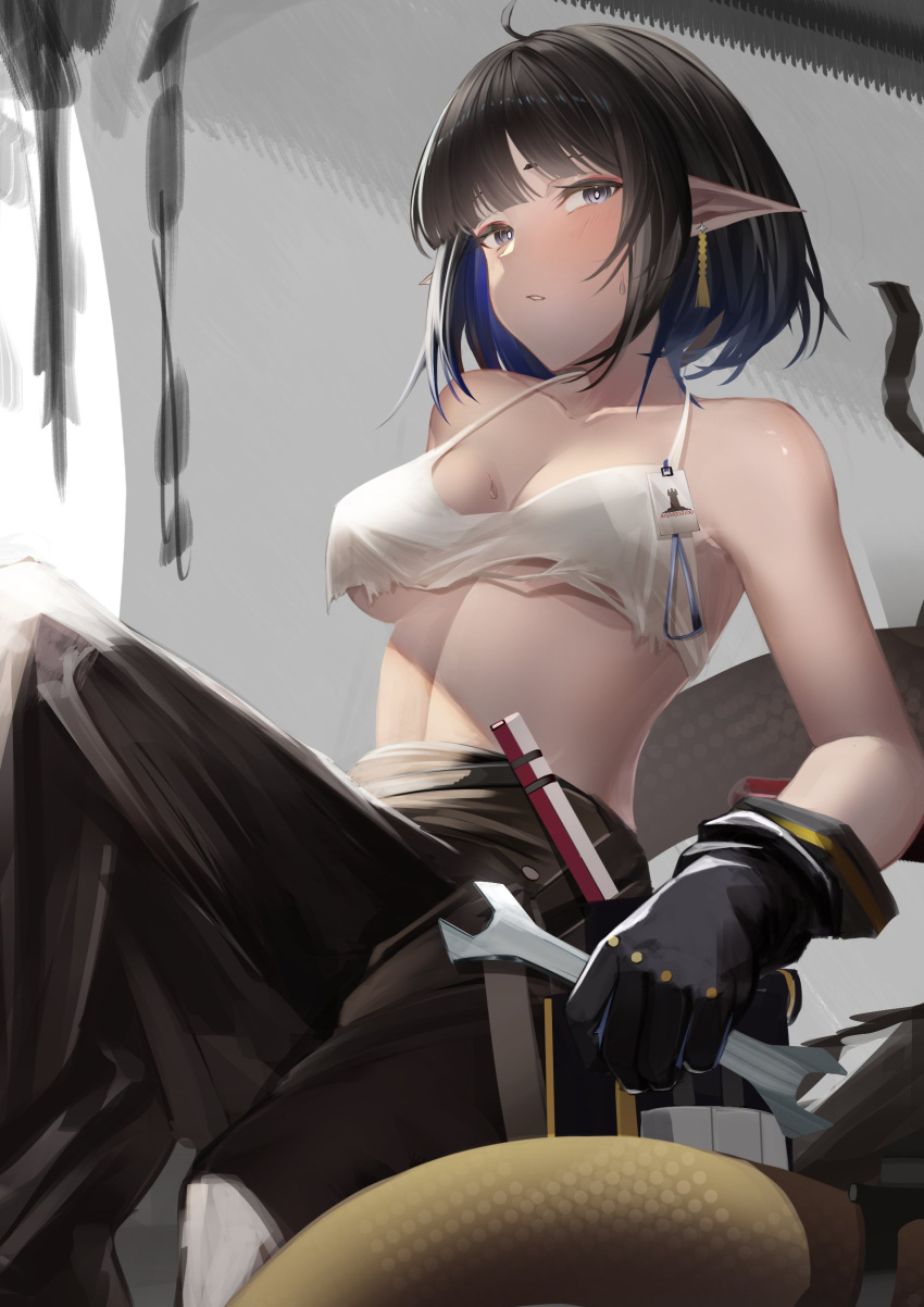 absurdres ahoge arknights bare_shoulders black_gloves black_hair black_pants blue_hair blunt_bangs blush breasts camisole cleavage colored_inner_hair cowboy_shot earrings eunectes_(arknights) eunectes_(forgemaster)_(arknights) female gloves grey_eyes highres holding holding_wrench jewelry looking_at_viewer multicolored_hair official_alternate_costume pants pointy_ears rhodes_island_logo_(arknights) short_hair snake_tail solo sweat tail tenmu_miyabi white_camisole wrench