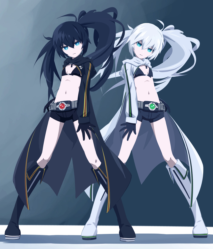 2girls 32zzz black_bra black_footwear black_gloves black_hair black_hoodie black_rock_shooter black_rock_shooter_(character) black_shorts blue_eyes boots bra flat_chest gloves grey_hair hair_between_eyes highres hood hood_down hoodie kamen_rider kamen_rider_black kamen_rider_black_(series) kingstone long_hair long_sleeves multiple_girls navel open_clothes open_hoodie rider_belt shadow_moon short_shorts shorts twintails underwear uneven_twintails white_footwear white_hair white_hoodie white_rock_shooter