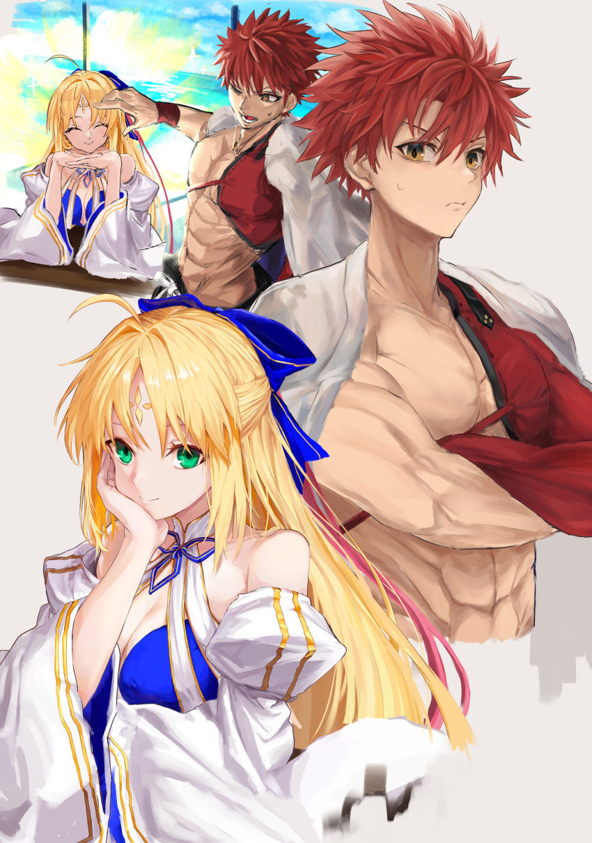 1boy absurdres ahoge artoria_caster_(fate) artoria_caster_(swimsuit)_(fate) artoria_caster_(swimsuit)_(third_ascension)_(fate) artoria_pendragon_(fate) ayusalt0602 bare_shoulders blonde_hair blue_bow blush bow cape closed_eyes closed_mouth cloud cloudy_sky diamond_(shape) emiya_shirou fate/grand_order fate_(series) female green_eyes hair_ribbon hairbow highres long_hair long_sleeves one_eye_closed orange_eyes orange_hair ribbon senji_muramasa_(fate) short_hair sky smile white_background white_cape