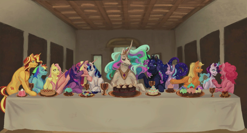 2024 alicorn applejack_(mlp) cake container cookie crown cup cupcake dessert detailed_background dragon earth_pony equestria_girls equid equine female feral fluttershy_(mlp) food friendship_is_magic front_view furniture gesture goblet group hasbro headgear hi_res horn horse inside inspired_by_formal_art looking_at_another macaron_(food) magic magic_user male mammal my_little_pony mythological_creature mythological_equine mythological_scalie mythology olspirt pastry pegasus pie pinkie_pie_(mlp) pony princess_cadance_(mlp) princess_celestia_(mlp) princess_luna_(mlp) rainbow_dash_(mlp) rarity_(mlp) scalie shining_armor_(mlp) sitting spike_(mlp) starlight_glimmer_(mlp) sunset_shimmer_(eg) table the_last_supper tiara twilight_sparkle_(mlp) unicorn wings