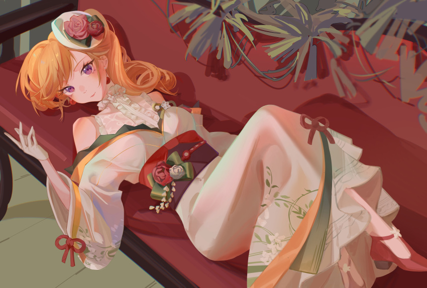 absurdres azur_lane bare_shoulders breasts center_frills couch drill_hair earrings female flower frills gloves gold_trim half_gloves hat hat_flower highres japanese_clothes jewelry kimono kimono_dress long_hair long_sleeves looking_at_viewer lying medium_breasts mini_hat official_alternate_costume official_alternate_hairstyle on_back on_couch orange_hair purple_eyes red_footwear red_sash richelieu_(azur_lane) richelieu_(evergreen_prophecy)_(azur_lane) sash shino_pupille shoes side_drill solo tilted_headwear white_gloves white_kimono wide_sleeves