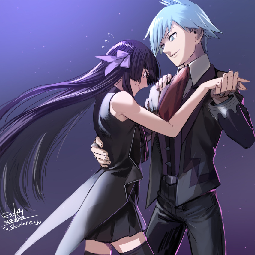 1boy ballroom bare_shoulders black_dress black_hair black_thighhighs blue_eyes blue_hair brown_eyes character_request commentary_request commission copyright_request dancing dated dress dress_pants female formal_clothes hair_ribbon highres hinomoto_madoka holding_hands light_blue_hair long_hair looking_at_another necktie original partial_commentary pleated_skirt pokemon ribbon signature skeb_commission skirt sleeveless sleeveless_dress smile steven_stone thighhighs tuxedo waltz_(dance)