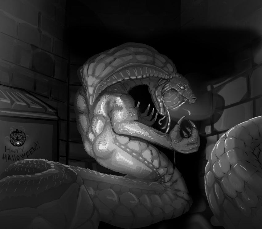 alley ambiguous_gender apode brick_wall draconcopode dumpster fangs food fruit greyscale halloween hi_res holidays legless monochrome monster naga plant pumpkin serpentine solo teeth unhinged_jaw universaldragon wall_(structure)