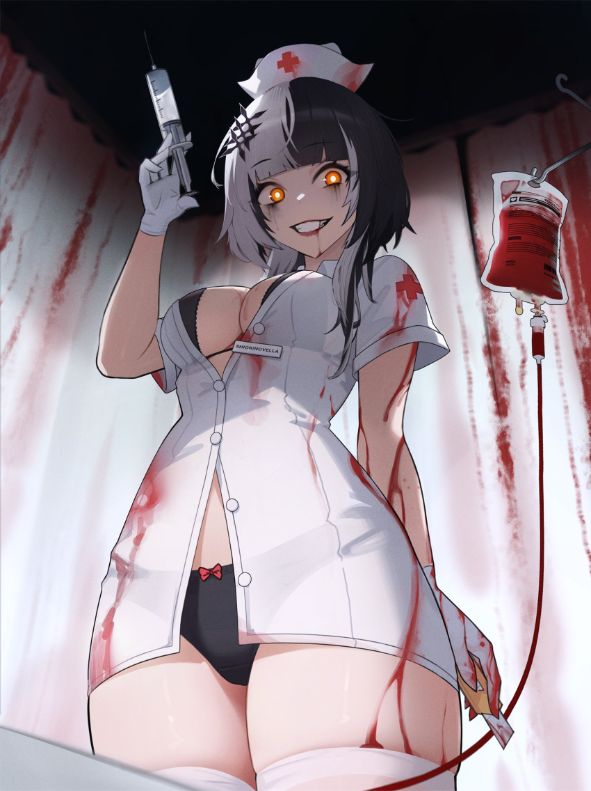 black_bra black_hair black_panties blood blood_on_clothes boxcutter bra breasts dress evil_grin evil_smile female gloves grin hat highres holding holding_boxcutter holding_syringe hololive hololive_english indoors intravenous_drip medium_breasts multicolored_hair name_tag nurse nurse_cap orange_eyes panties partially_unbuttoned shiori_novella smile solo split-color_hair stealcoffins syringe thighhighs underwear virtual_youtuber white_dress white_gloves white_hair white_thighhighs