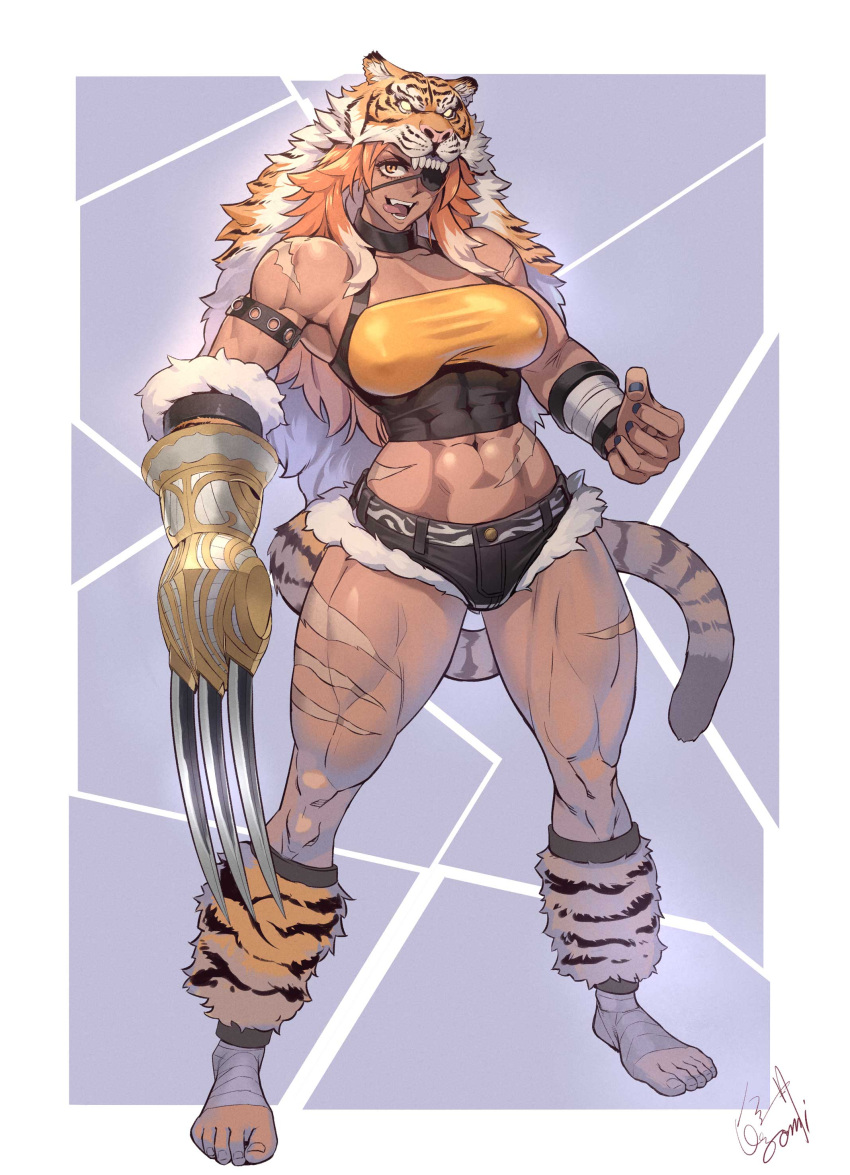 abs absurdres animal_hood bare_shoulders breasts clawed_gauntlets cutoff_jeans cutoffs dark-skinned_female dark_skin eyepatch female highres hood midriff multicolored_hair multiple_scars muscular muscular_female nail_polish ogami orange_eyes orange_hair original scar simple_background solo tiger_hood tongue tongue_out