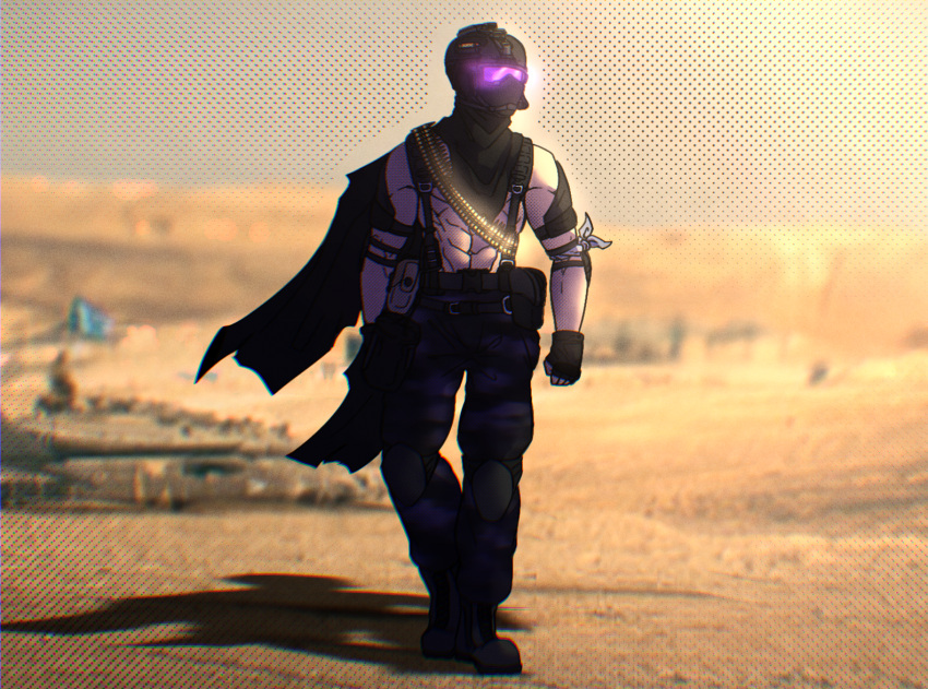 a_man_in_a_beasts_world armor cape chris_(ghilliecamo) clothing desert hair headgear helmet human male male/male mammal muscular outside purple_eyes sky solo sun unknown_artist