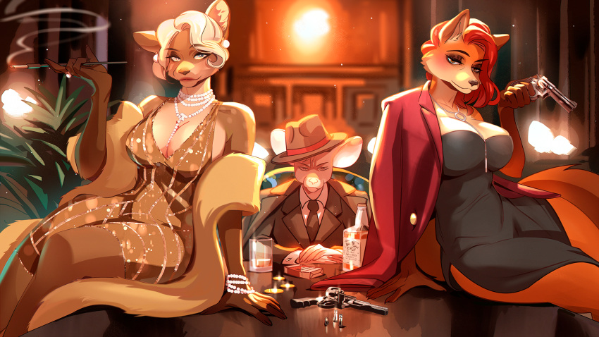 16:9 anthro big_breasts blonde_hair bodyguard_position breasts brown_body brown_fur canid canine cervine cigarette clothed clothing cocktail_dress costume deer elliot_(furlough_games) female female/female foggy_capybara fox from_behind_position fur furlough_games group gun hair halloween halloween_costume handgun hat headgear headwear hi_res holidays isabella_(furlough_games) jacket jewelry judy_(furlough_games) mafia male male/female mammal mouse multicolored_body multicolored_fur murid murine noir orange_body orange_fur ranged_weapon red_hair revolver rodent sex sex_and_the_furry_titty smile smiling_at_viewer smirk smirking_at_viewer smoke smoking smoking_cigarette standing standing_sex topwear trio warm_colors warm_lighting weapon white_body white_fur widescreen