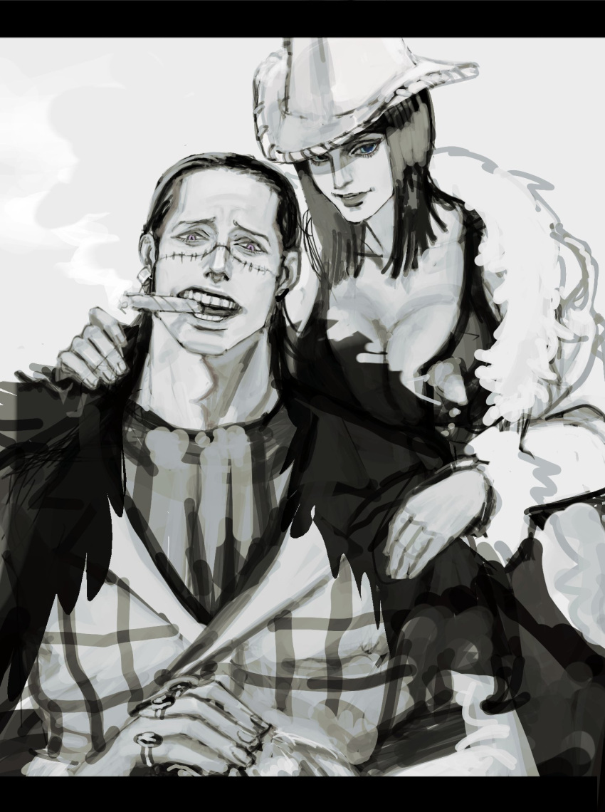 1boy ascot breasts cigar cleavage coat commentary_request cowboy_hat crocodile_(one_piece) female fur-trimmed_coat fur_trim greyscale hat highres jewelry juugagon letterboxed looking_at_viewer medium_hair monochrome nico_robin one_piece ring smile smoke stitched_face stitches