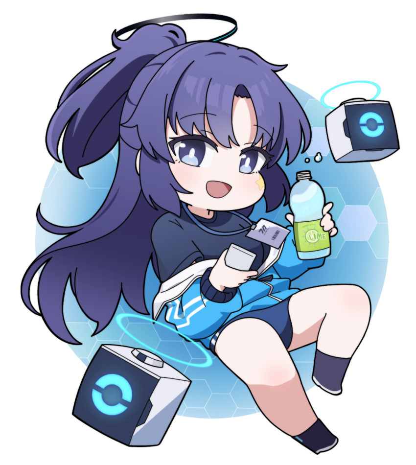 :d black_footwear black_shirt blue_archive blue_buruma blue_eyes blue_jacket boots bottle breasts buruma chibi commentary_request cube female full_body halo highres holding holding_bottle honeycomb_(pattern) jacket lanyard long_hair looking_at_viewer medium_breasts nyaru_(nyaru_4126) parted_bangs ponytail purple_hair robot shirt smile solo track_jacket very_long_hair yuuka_(blue_archive) yuuka_(track)_(blue_archive)