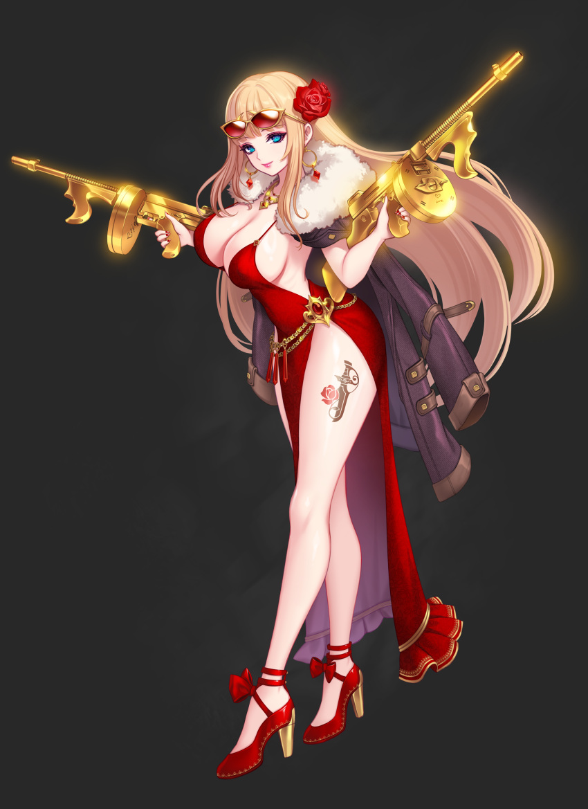 absurdres bare_legs blonde_hair blue_eyes body_chain breasts chains cleavage cocktail_dress dress dual_wielding earrings evening_gown female flower fur-trimmed_jacket fur_trim gold_chain gold_earrings gold_necklace golden_gun gun hair_flower hair_ornament high_heels highres holding holding_gun holding_weapon hoop_earrings jacket jewelry large_breasts leg_tattoo light_smile long_hair necklace open_clothes open_jacket original pelvic_curtain plunging_neckline red_dress red_flower red_lips red_rose ribs rifle rose shiny_skin side_slit simple_background smile sunglasses tattoo thighs toriseru_(rare_stone) very_long_hair weapon