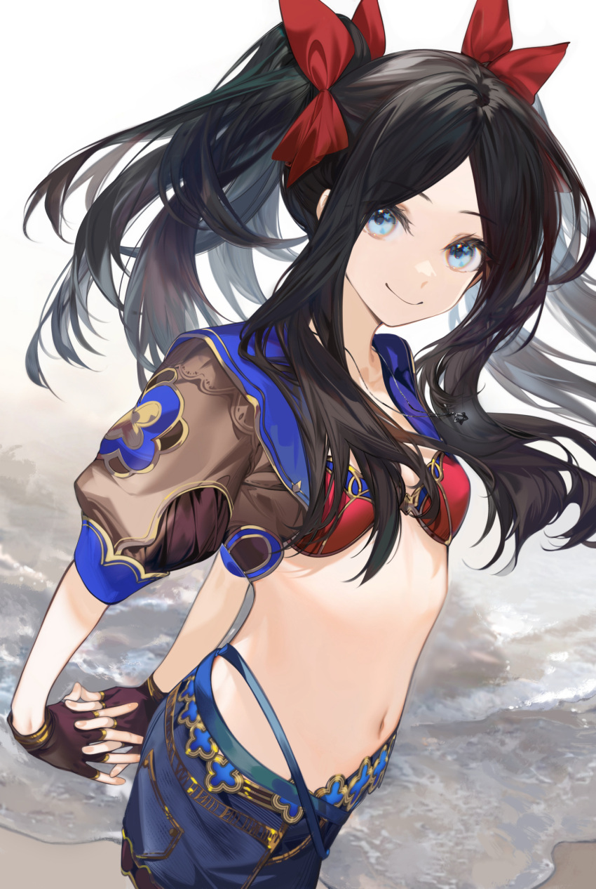 alternate_hair_color arlizi arms_behind_back beach belt bikini bikini_top_only black_gloves black_hair blue_eyes blue_shorts bow breasts brown_jacket closed_mouth cowboy_shot cropped_jacket dutch_angle fate/grand_order fate_(series) female fingerless_gloves gloves gold_trim hairbow highres interlocked_fingers jacket jewelry leonardo_da_vinci_(fate) leonardo_da_vinci_(rider)_(fate) leonardo_da_vinci_(swimsuit_ruler)_(fate) long_hair looking_at_viewer navel necklace ocean outdoors parted_hair puffy_short_sleeves puffy_sleeves red_bikini red_bow revision short_sleeves shorts sidelocks small_breasts smile solo standing star_(symbol) star_in_eye star_necklace stomach swimsuit symbol_in_eye twintails water waves