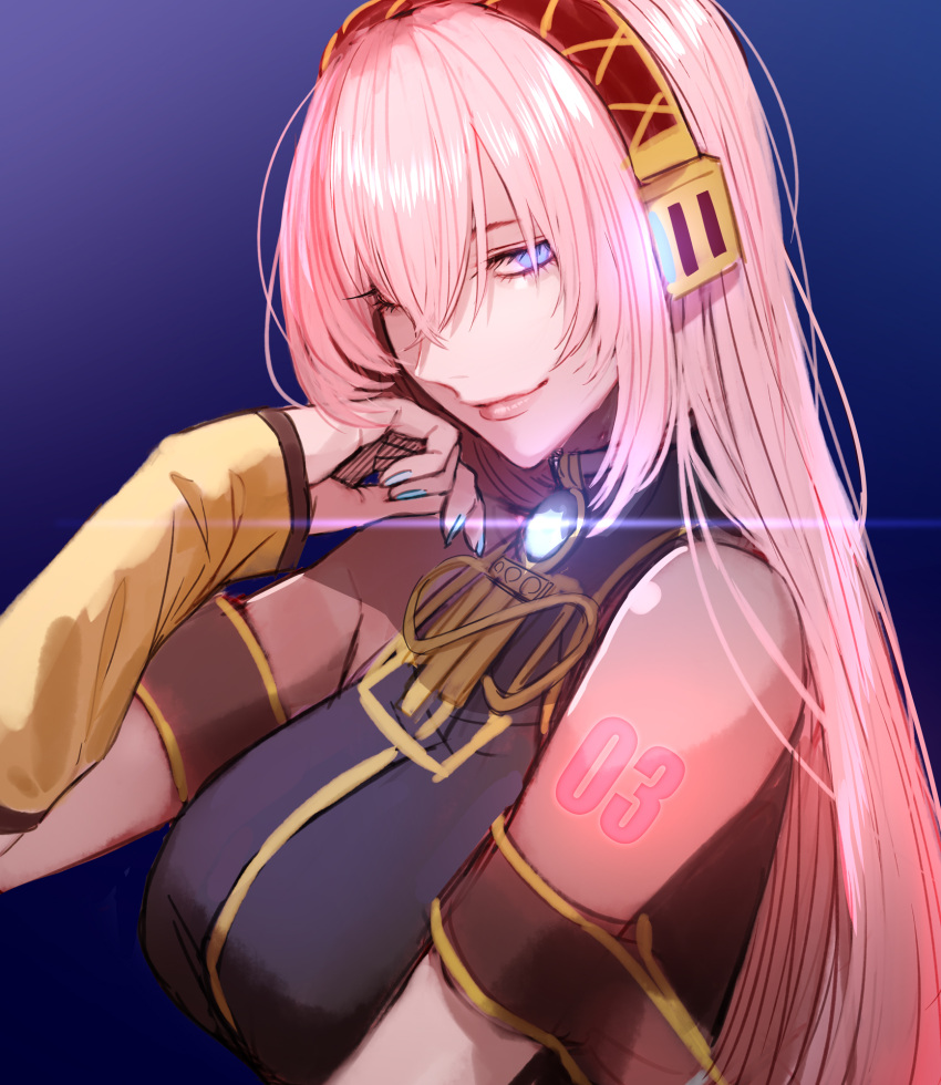 armband blue_eyes breasts detached_sleeves dress female glowing_crystal gold_trim headphones headset highres hinomoto_madoka large_breasts long_hair looking_at_viewer megurine_luka number_tattoo pink_hair sleeveless sleeveless_dress smile solo tattoo very_long_hair vocaloid