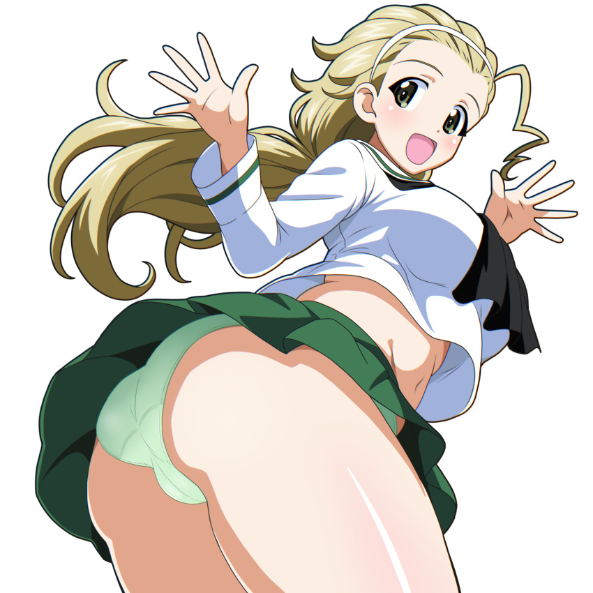 :d absurdres ass black_neckerchief blonde_hair blouse brown_eyes cameltoe commentary cowboy_shot crotch_seam female from_side girls_und_panzer gogopaint green_panties green_skirt hair_pulled_back hairband highres leaning_forward long_hair long_sleeves looking_at_viewer looking_back midriff miniskirt navel neckerchief ooarai_school_uniform open_mouth panties pantyshot pleated_skirt ponytail sailor_collar sasaki_akebi school_uniform serafuku shirt simple_background skirt smile solo standing underwear waving white_background white_hairband white_sailor_collar white_shirt