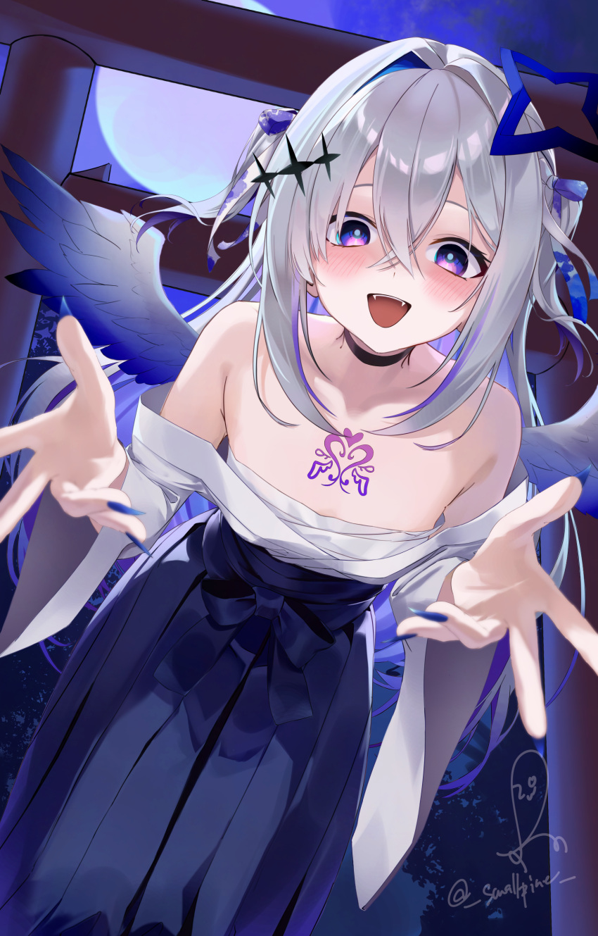 absurdres amane_kanata blue_hakama blush breasts bright_pupils chest_sarashi chest_tattoo feathered_wings female fingernails gradient_wings grey_hair hakama halloween highres hololive japanese_clothes long_fingernails long_hair looking_at_viewer multicolored_wings night night_sky open_clothes open_mouth outdoors outstretched_arms purple_eyes purple_hair sarashi sky small_breasts smallpine_7 smile solo tattoo vampire white_pupils wings