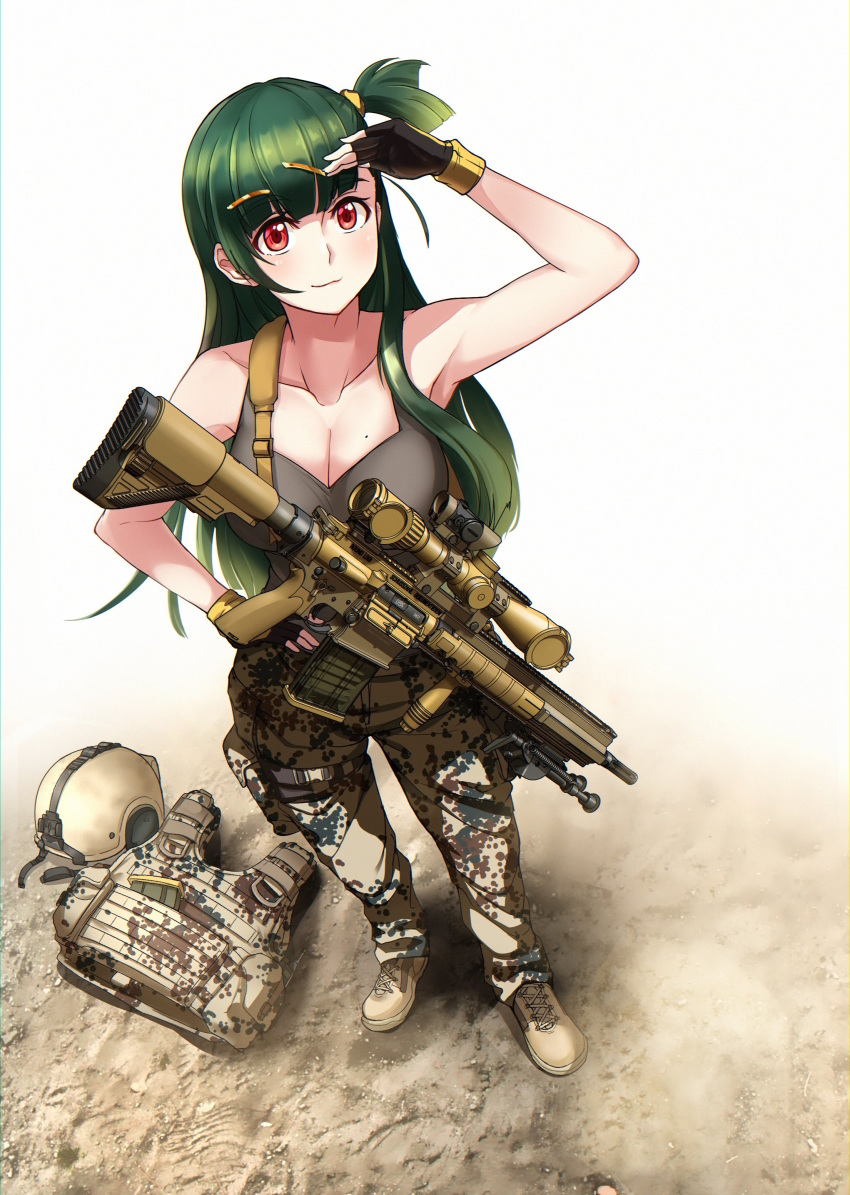 absurdres alternate_costume bipod black_gloves boots breasts bulletproof_vest camouflage camouflage_pants camouflage_vest cleavage closed_mouth collarbone combat_helmet commentary cross-laced_footwear english_commentary female fingerless_gloves from_above g28_(girls'_frontline) girls'_frontline gloves green_hair gun h&k_g28 hand_on_own_hip hand_up helmet highres holding holding_gun holding_weapon light_smile macline military_uniform mole mole_on_breast one_side_up orange_eyes pants scope solo standing tank_top unworn_headwear unworn_helmet unworn_vest weapon yellow_footwear yellow_helmet yellow_pants