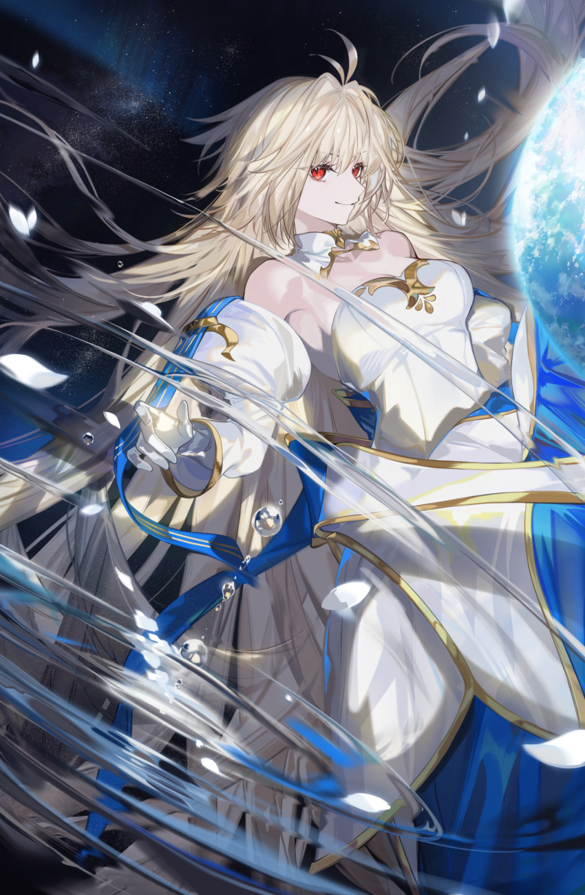 antenna_hair archetype_earth arcueid_brunestud arlizi back_bow bare_shoulders blonde_hair blue_bow blue_ribbon bow breasts cleavage closed_mouth detached_collar detached_sleeves dress earth_(planet) fate/grand_order fate_(series) female giant giantess gloves gold_trim hair_between_eyes hand_up highres long_hair long_sleeves looking_at_viewer outdoors planet puffy_detached_sleeves puffy_sleeves red_eyes revision ribbon ripples sleeveless sleeveless_dress smile solo space sparkling_eyes star_(sky) strapless strapless_dress tsukihime very_long_hair water_drop white_dress white_gloves