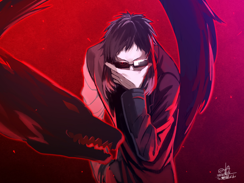 1boy akutagawa_ryuunosuke_(bungou_stray_dogs) bespectacled black_hair bungou_stray_dogs commission covering_face dated demon glasses highres hinomoto_madoka jacket looking_at_viewer male_focus multicolored_hair opaque_glasses partially_opaque_glasses red_eyes short_hair signature skeb_commission solo sunglasses