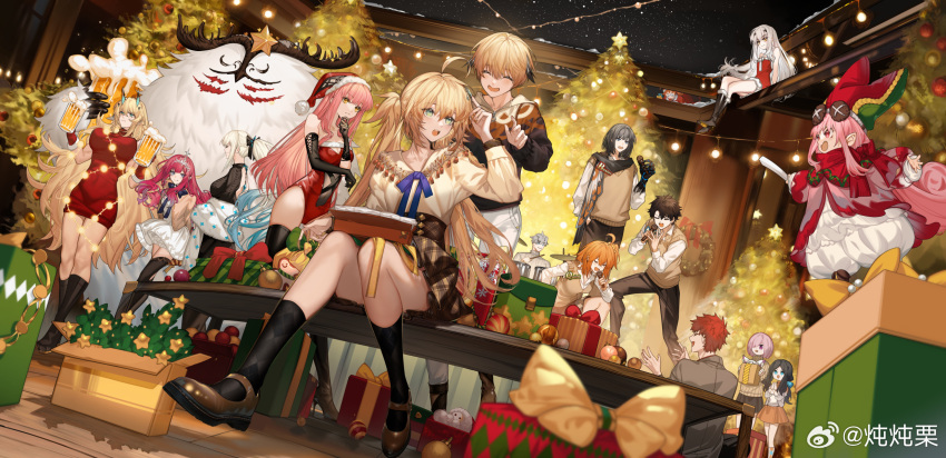 5boys 6+girls ahoge alcohol alternate_costume arlizi arms_behind_back arthropod_limbs artoria_caster_(fate) artoria_pendragon_(fate) back_cutout baobhan_sith_(fate) bare_shoulders barghest_(fate) beer beer_mug bench black_bow black_bowtie black_dress black_footwear black_gloves black_hair black_hoodie black_pants black_scarf black_skirt black_socks black_thighhighs blonde_hair blue_eyes blue_hair blue_ribbon blurry boots bow bowtie box braid brown_footwear brown_jacket brown_skirt brown_sweater cernunnos_(fate) christmas christmas_lights christmas_ornaments christmas_present christmas_star christmas_tree christmas_wreath clapping cleavage_cutout closed_eyes closed_mouth clothing_cutout cnoc_na_riabh_(fate) crossed_legs cup depth_of_field dress drink drum drum_set drumsticks elbow_gloves emiya_shirou fake_facial_hair fake_mustache fate/grand_order fate_(series) foam foreshortening fou_(fate) fujimaru_ritsuka_(female) fujimaru_ritsuka_(male) fur-trimmed_gloves fur-trimmed_headwear fur-trimmed_leotard fur_shawl fur_trim gareth_(fate) gift gloves gradient_hair green_eyes green_hat grey_hair grey_shirt grey_sweater habetrot_(fate) hair_between_eyes hair_flaps hair_ornament hair_over_one_eye hair_scrunchie hairbow hairclip hand_in_pocket hand_on_own_chin hand_up hat high-waist_skirt high_heel_boots high_heels highres holding holding_cup holding_drumsticks holding_gift holding_microphone hood hoodie horns indoors instrument jacket kneehighs leonardo_da_vinci_(fate) leonardo_da_vinci_(rider)_(fate) leotard light_blush long_hair long_sleeves looking_ahead looking_at_another mash_kyrielight medb_(fate) melusine_(fate) microphone morgan_le_fay_(fate) mug multicolored_clothes multicolored_hair multicolored_hat multicolored_hoodie multiple_boys multiple_girls music night oberon_(fate) oberon_(third_ascension)_(fate) one_side_up open_mouth orange_hair orange_scrunchie orange_skirt pants party percival_(fate) perspective pink_eyes pink_hair pinky_out plaid_clothes plaid_skirt playing_instrument pointy_ears ponytail purple_eyes purple_hair red_dress red_gloves red_hair red_hat red_jacket red_leotard red_scarf revision ribbon romani_archaman santa_costume scarf scrunchie senji_muramasa_(fate) shawl shirt shoes short_dress short_hair singing sitting skirt sleeveless sleeveless_dress smile snow socks spoilers standing star_(sky) star_(symbol) stomach_cutout streaked_hair sweater sweater_dress sweater_vest teeth thigh_boots thighhighs tiara turtleneck turtleneck_sweater twintails upper_teeth_only weibo_watermark white_dress white_hair white_pants white_shirt wreath yellow_eyes yellow_shirt yellow_sweater_vest