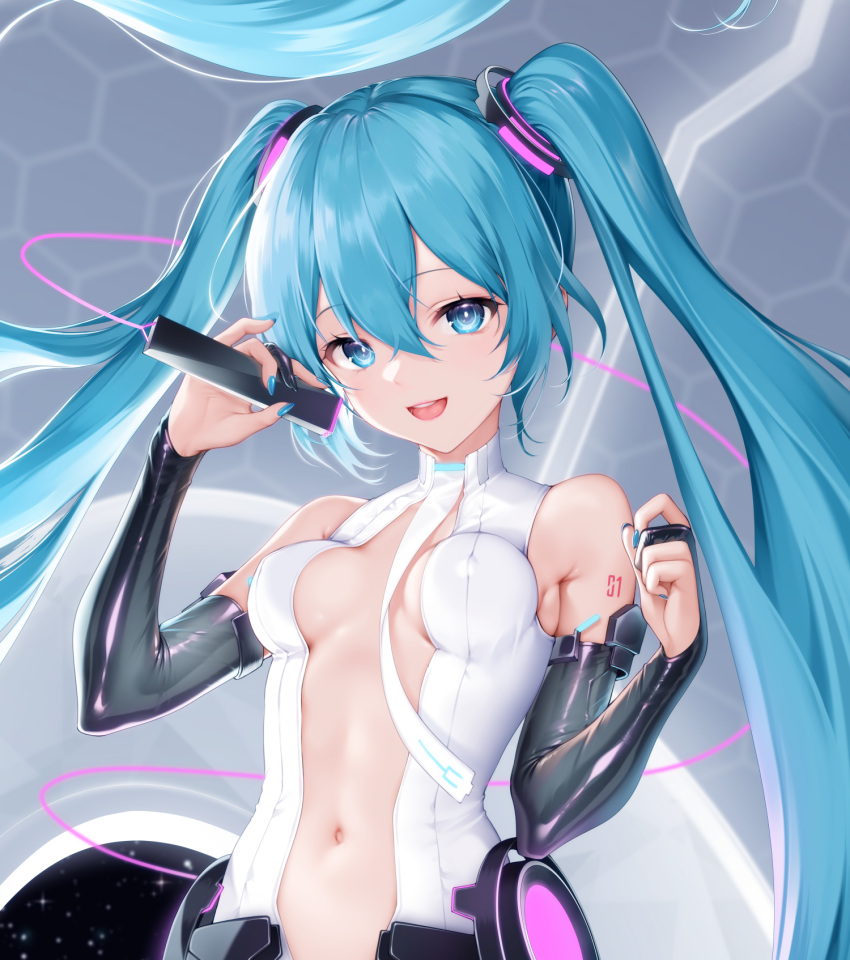 :d arm_tattoo blue_eyes blue_hair blue_nails breasts commentary english_commentary female hair_between_eyes hatsune_miku hatsune_miku_(append) highres holding looking_at_viewer mei_(ponponmei) navel number_tattoo open_mouth small_breasts smile solo stomach tattoo teeth tongue twintails upper_teeth_only vocaloid vocaloid_append