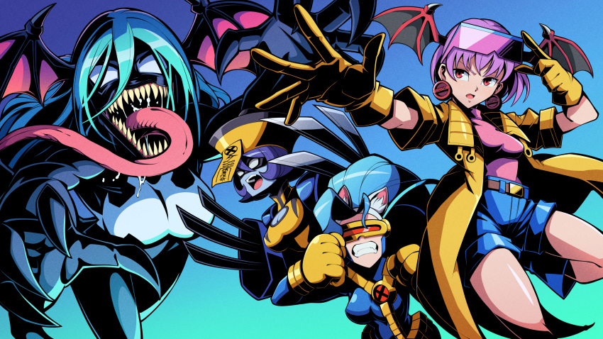 4girls absurdres animal_ears blue_background blue_bodysuit blue_hair bodysuit breasts cat_ears cat_girl cosplay cyclops_(x-men) cyclops_(x-men)_(cosplay) darkstalkers felicia_(darkstalkers) green_eyes head_wings highres lei-lei lilith_(darkstalkers) long_tongue marvel morrigan_aensland multiple_girls pechamaju purple_hair sharp_teeth teeth tongue venom_(marvel) venom_(marvel)_(cosplay) wings wolverine_(x-men) wolverine_(x-men)_(cosplay) x-men