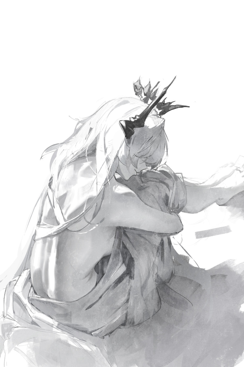 absurdres arknights bare_back bare_shoulders blanket breasts civilight_eterna commentary covering_with_blanket crown english_commentary female floating_crown gandy_(gan3e46) greyscale highres holding holding_legs horns legs_together light_smile long_hair monochrome no_bra simple_background sitting solo theresa_(arknights) white_background