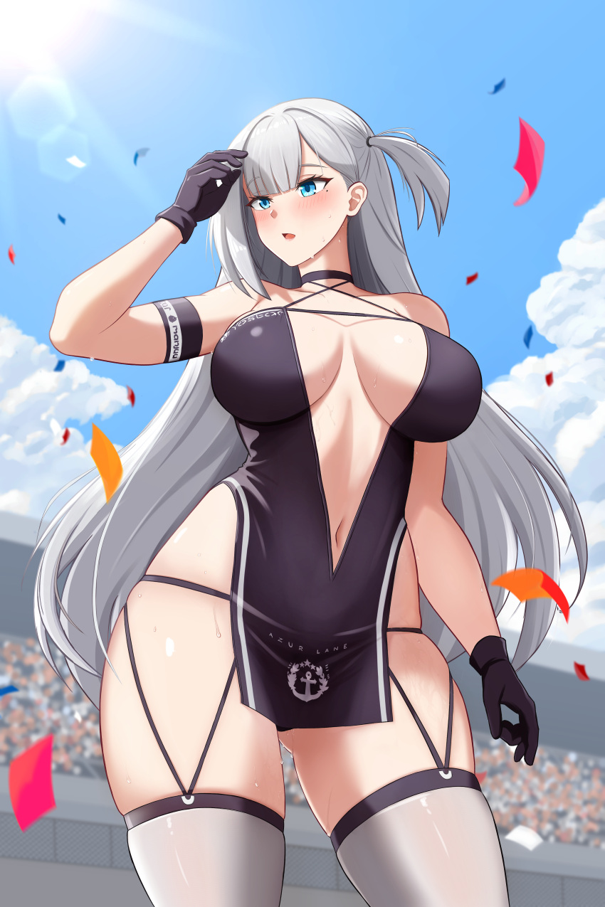 absurdres azur_lane belly black_garter_straps black_gloves blue_eyes breasts breasts_apart cleavage_cutout clothing_cutout crane_enthusiast curvy garter_straps gloves highres large_breasts looking_to_the_side mole mole_under_eye navel pelvic_curtain race_queen shiny_skin shoukaku_(azur_lane) shoukaku_(sororal_wings)_(azur_lane) side_ponytail skindentation sweat sweatdrop thick_thighs thighhighs thighs white_hair white_thighhighs