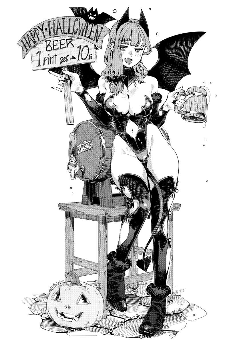 aihara_akito alcohol barrel bat_wings beer beer_mug bell_(aihara_akito) breasts clothing_cutout cup demon_girl female greyscale halloween halloween_costume highres holding holding_cup holding_sign long_hair medium_breasts monochrome mug navel navel_cutout original pumpkin sign simple_background tail thighhighs thighs white_background wings