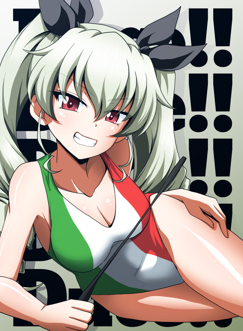 absurdres anchovy_(girls_und_panzer) black_ribbon breasts cleavage commentary drill_hair female flag_print girls_und_panzer green_hair grin hair_between_eyes hair_ribbon highres italian_flag kamishima_kanon large_breasts long_hair looking_at_viewer lying medium_breasts on_side one-piece_swimsuit print_swimsuit red_eyes ribbon riding_crop smile swimsuit teeth text_background twin_drills twintails