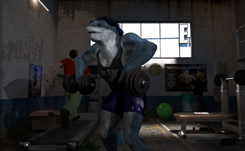 3d_(artwork) animal_humanoid anthro bodily_fluids bottomwear clothing daz_studio_(artwork) digital_media_(artwork) dumbbell exercise fish fish_humanoid group gym hi_res humanoid lifting male marine marine_humanoid perturbedmania shark shark_humanoid shirt shorts solo_focus sweat tank_top topwear weights window working workout