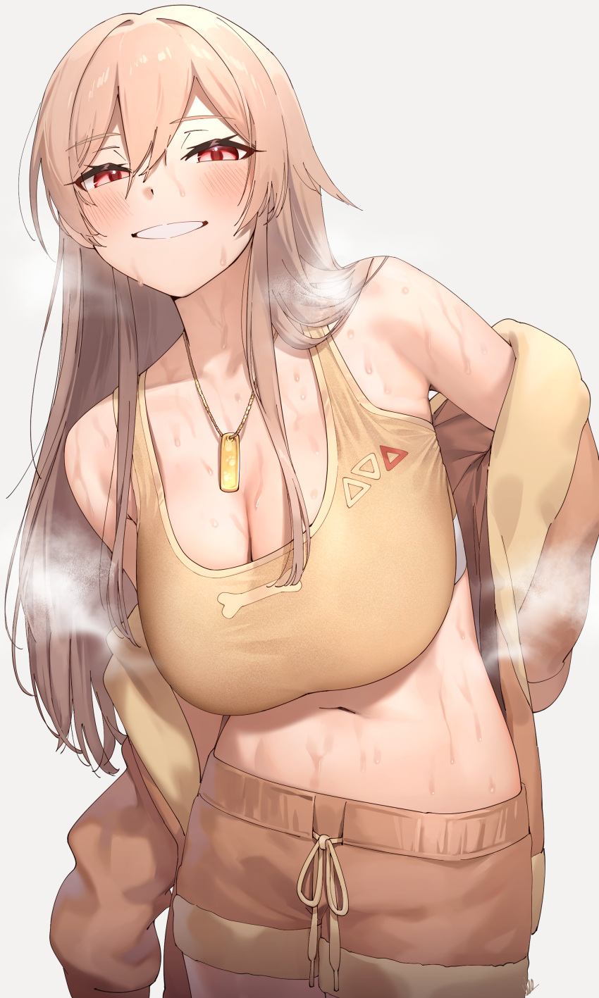 absurdres blush breasts brown_jacket brown_shorts cleavage collarbone dog_tags female furen_e_lustario furen_e_lustario_(5th_costume) grey_background hair_between_eyes hair_over_shoulder highres jacket large_breasts long_hair long_sleeves looking_at_viewer midriff navel nijisanji red_eyes shorts simple_background smile solo standing steaming_body sweat ubo_(ubo_tales) virtual_youtuber