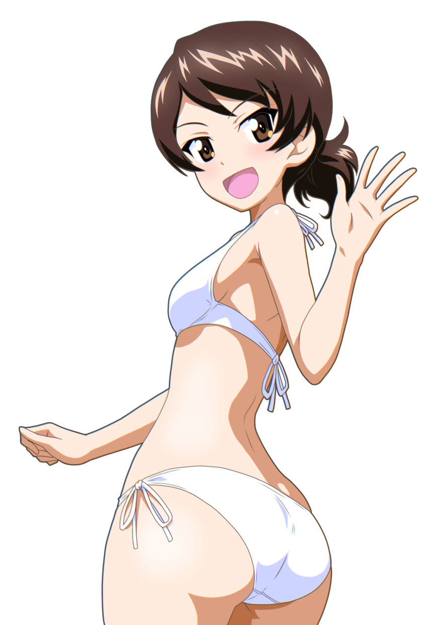 absurdres ass back bikini breasts brown_eyes brown_hair commentary cowboy_shot crotch_seam female from_behind girls_und_panzer gogopaint halterneck highres kawanishi_shinobu looking_at_viewer looking_back open_mouth short_hair short_ponytail side-tie_bikini_bottom simple_background small_breasts smile solo standing swimsuit waving white_background white_bikini