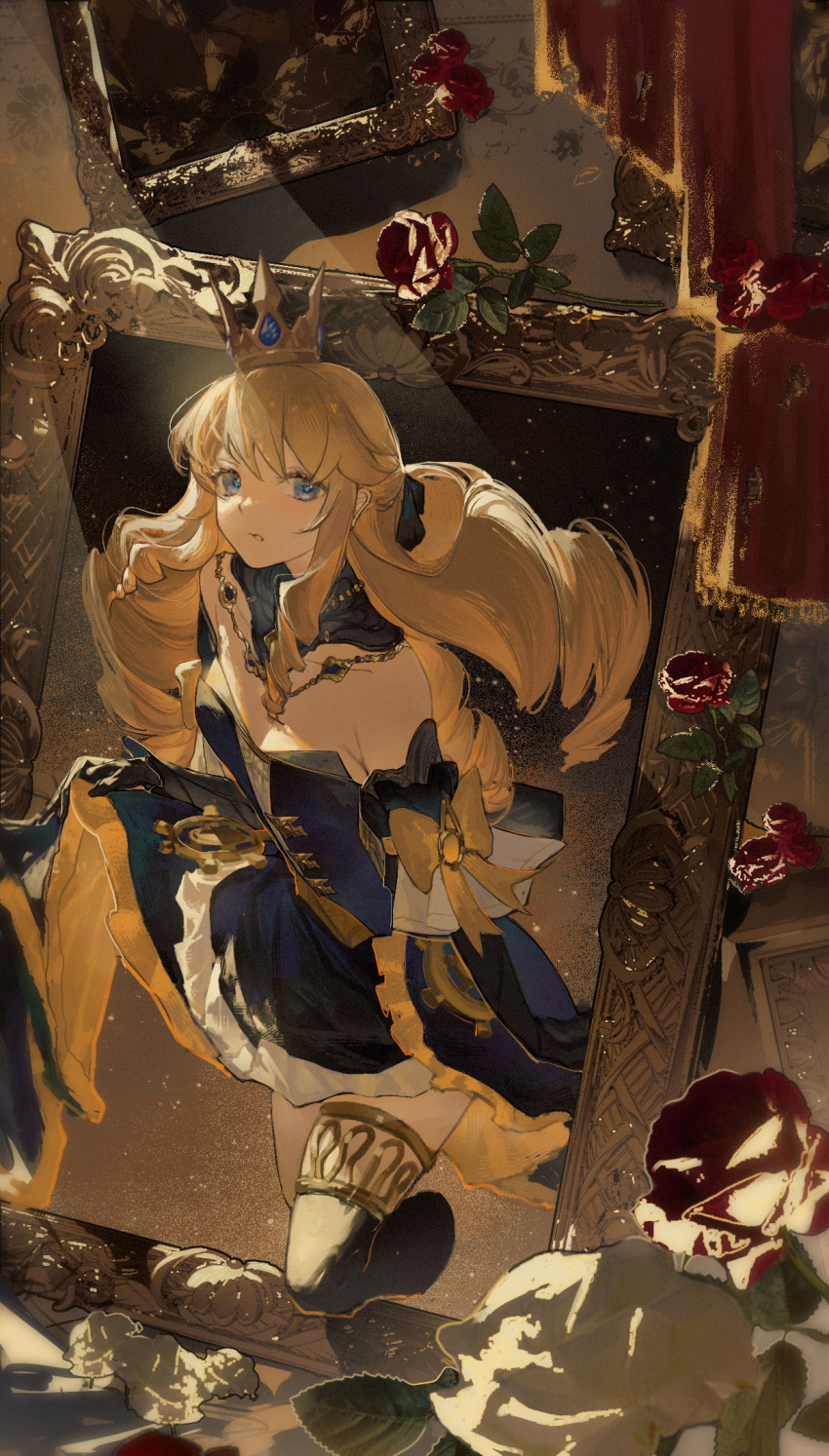 bare_shoulders black_gloves blonde_hair blue_eyes bodice bow breasts cleavage crown detached_sleeves dress drill_hair drill_sidelocks female flower genshin_impact gloves hashtag-only_commentary highres indoors long_hair looking_to_the_side mini_crown navia_(genshin_impact) painting_(object) rose sidelocks solo strapless strapless_dress thighhighs yang_lizi yellow_bow