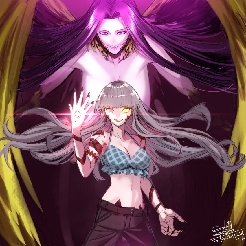 2girls breasts cleavage commission crop_top energy fate/grand_order fate_(series) female fingernails floating_hair gorgon_(fate) grey_hair highres hinomoto_madoka large_breasts licking_lips long_fingernails long_hair looking_at_viewer medusa_(fate) midriff monster_girl multiple_girls navel original purple_eyes purple_hair scales skeb_commission tongue tongue_out very_long_hair yellow_eyes