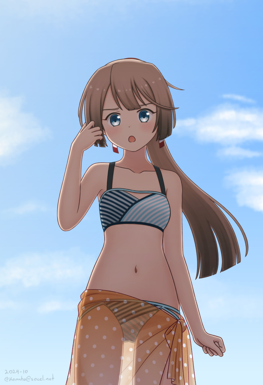 bikini blue_sky breasts brown_hair cloud collarbone female gradient_sarong grey_eyes highres kantai_collection kazagumo_(kancolle) kazagumo_(swimsuit_mode)_(kancolle) konato_k long_hair looking_at_viewer multicolored_bikini multicolored_clothes navel orange_sarong polka_dot polka_dot_sarong ponytail sarong see-through_clothes see-through_sarong sky small_breasts solo striped_bikini striped_clothes swimsuit