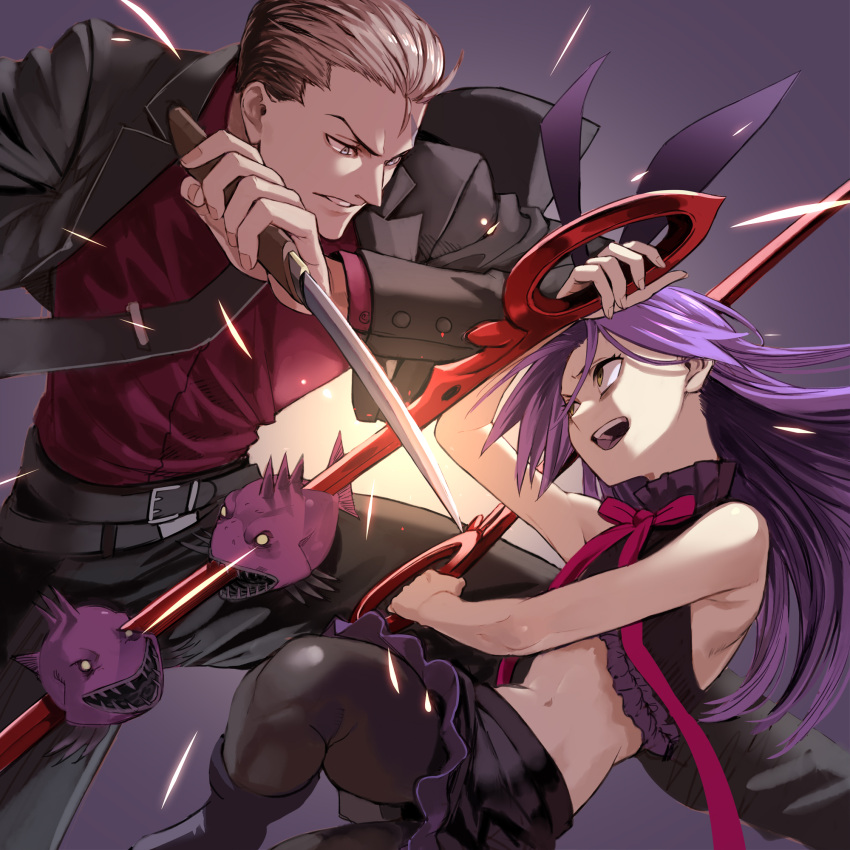 1boy bare_arms black_jacket black_necktie blocking bow brown_hair clash crop_top dagger duel female fighting frilled_skirt frills highres hinomoto_madoka holding holding_dagger holding_knife holding_staff holding_weapon jacket knife looking_at_another midriff necktie original pantyhose purple_hair short_hair skirt staff weapon yellow_eyes