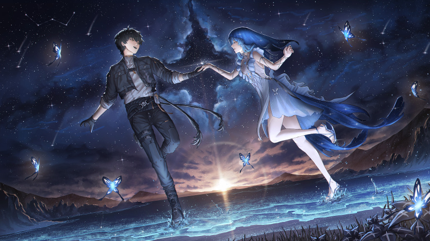 1boy absurdres angelo_(angeloart26) armlet bare_legs bare_shoulders black_flower black_gloves black_hair black_jacket black_pants blake_bloom_(wuthering_waves) blue_butterfly blue_hair blue_veil breasts bug butterfly commentary dog_tags dress feet female flower gloves grey_shirt heel-less_heels highres jacket jewelry legs long_hair looking_at_another nebula night night_sky open_mouth pants sandals shirt short_hair sky sleeveless sleeveless_dress sleeves_rolled_up small_breasts smile standing standing_on_one_leg sunrise the_shorekeeper_(wuthering_waves) toes veil water white_dress wuthering_waves yellow_eyes