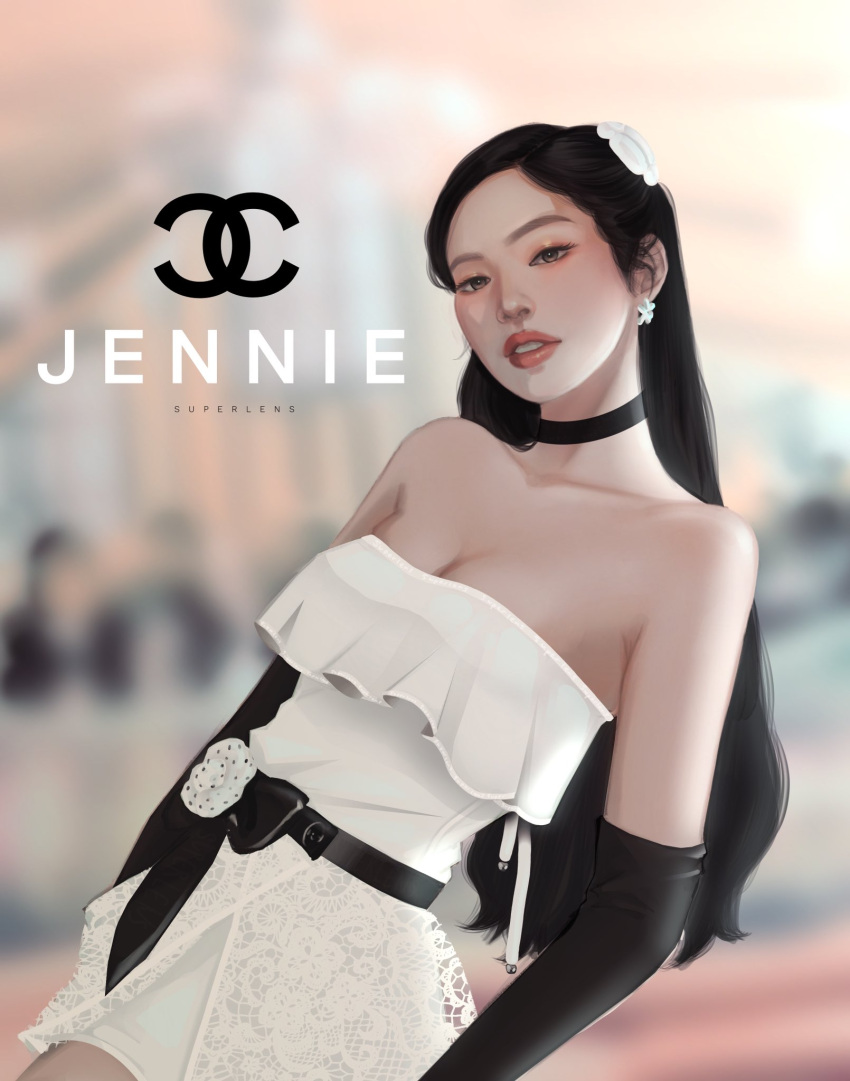 artist_name artist_name_(singer) bare_shoulders belt black_belt black_choker black_gloves black_hair blackpink chanel choker dress earrings elbow_gloves eyeshadow female gloves highres jennie_(blackpink) jewelry k-pop long_hair looking_at_viewer makeup mascara parted_lips photorealistic pink_lips real_life realistic superlen white_dress