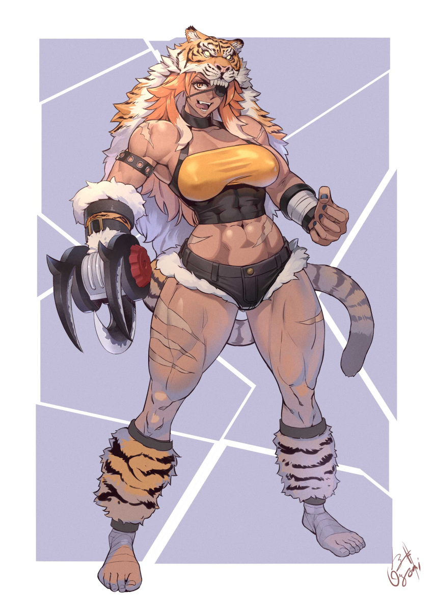 abs absurdres animal_hood bare_shoulders breasts clawed_gauntlets cutoff_jeans cutoffs dark-skinned_female dark_skin eyepatch female highres hood midriff multicolored_hair multiple_scars muscular muscular_female nail_polish ogami orange_eyes orange_hair original scar simple_background solo tiger_hood tongue tongue_out