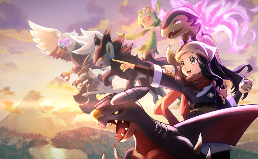 akari_(pokemon) black_hair black_pantyhose black_sash black_shirt cloud commentary_request female garchomp grey_jacket grey_skirt head_scarf highres hisuian_braviary hisuian_lilligant hisuian_typhlosion holding holding_poke_ball jacket kleavor logo long_hair luxray mountain outdoors pantyhose pointing poke_ball poke_ball_(legends) pokemon pokemon_(creature) pokemon_legends:_arceus ponytail sash serori_(tjmkmp) shirt sidelocks skirt sky white_headwear