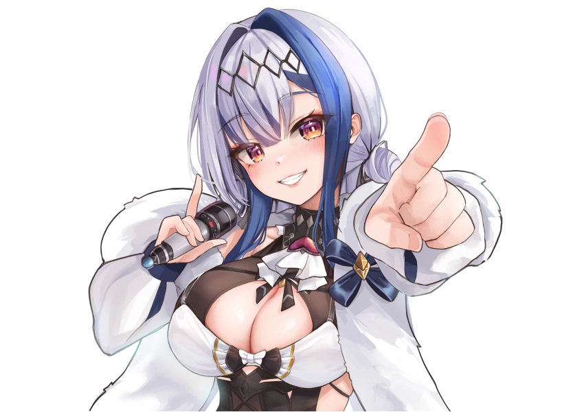 absurdres animal_ears blue_hair breasts cleavage cleavage_cutout clothing_cutout coat commentary diadem female fluffyebi01 fur_coat grey_hair grin high_collar highres holding holding_microphone large_breasts looking_at_viewer microphone multicolored_hair pointing pointing_at_viewer polygon_project rabbit_ears smile solo underbust virtual_youtuber white_coat zona_(polygon_project)